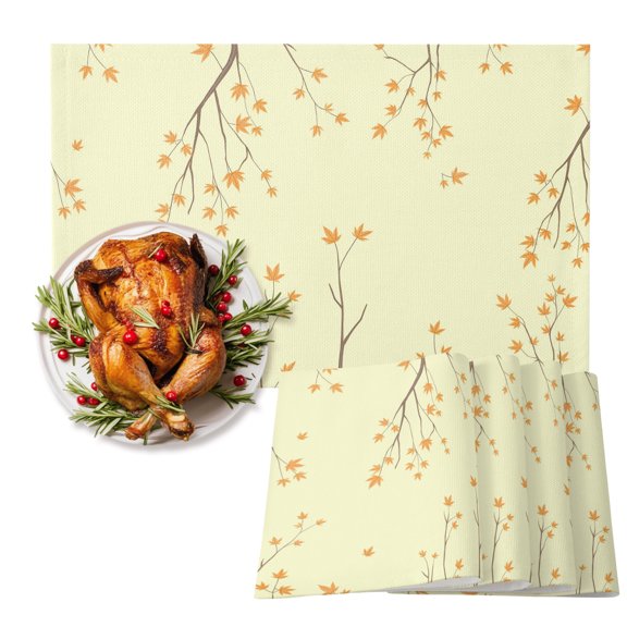 Autumn Maple Leaf on Yellow Background Placemats Set of 6,Wipeable Washable Table Mats for Dining Tables, Country Fall Leaves Place Mats for Kitchen Event Party Tabletop Decor