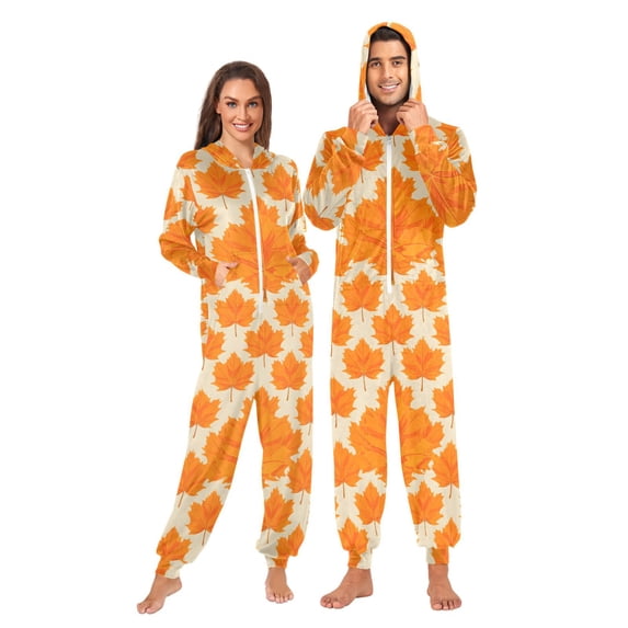 Autumn Maple Leaves Adult onesie Pajamas, Crystal Velvet Ultra Soft Warm Jumpsuit for Men and Women