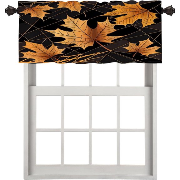 Autumn Maple Leaves Blackout Kitchen Curtain, On Black Plaid Window Treatment Rod Pocket Light Filtering Bathroom Short Valance 1 Pack 52X18 Inches