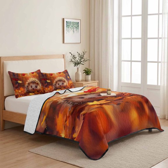 Autumn Maple Leaves Cute Hedgehog 3 Pieces Quilt Set,1 Quilt with 2 Shams,Cartoon Pattern Orange Leaves Bedspread Soft Lightweight Bedding Coverlet Comforter Set for All Season 68"x98"