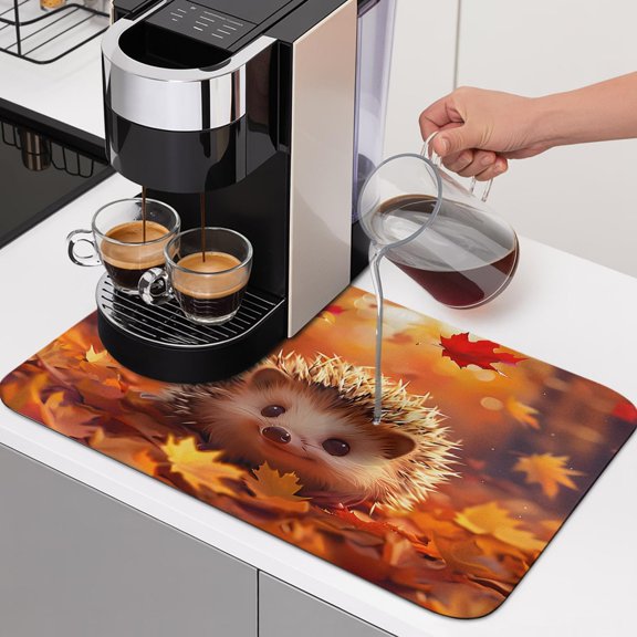 Autumn Maple Leaves Cute Hedgehog Dish Drying Mat,Absorbent Diatomaceous Earth Mats Cartoon Orange Leaves Coffee Mat Dishes Drainer Pad for Kitchen Counter Rack Sink Utensils,16x24in