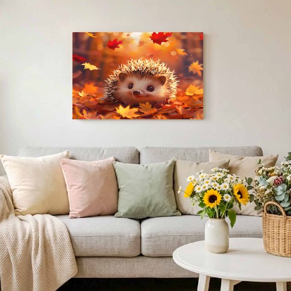 Autumn Maple Leaves Cute Hedgehog Framed Canvas Wall Art Print in USA,Canvas Pictures Painting Prints Cartoon Orange Leaves Wall Artwork for Home Office Living Room Bedroom Decor,10"x8"