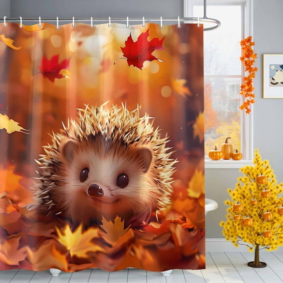 Autumn Maple Leaves Cute Hedgehog Shower Curtain for Bathroom, Cartoon Animal Orange Leaves Waterproof Shower Curtains Washable Quick Dry with Hooks Bathtub Curtains 36x72 IN