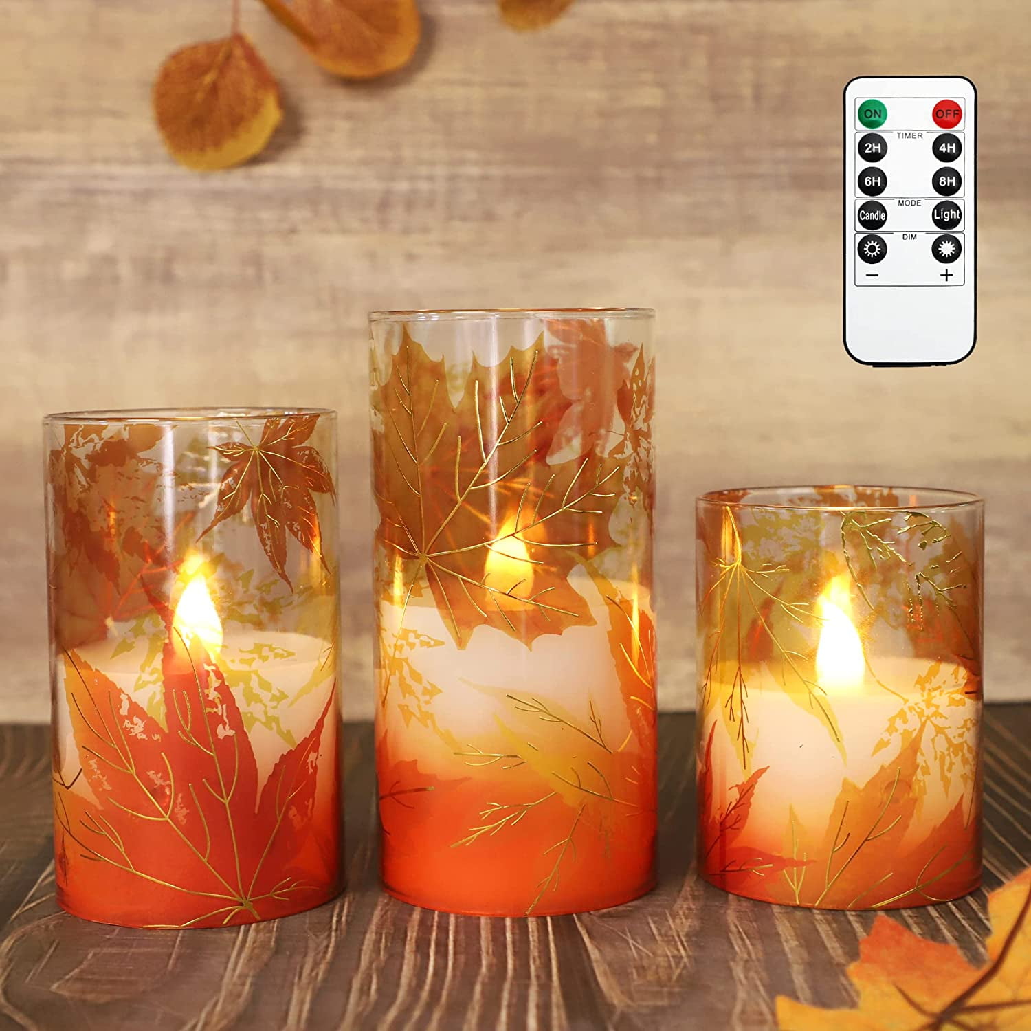 Autumn Maple Leaves Flameless Candles, Remote Controlled LED Flickering