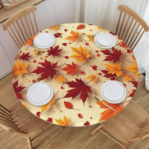 Autumn Maple Leaves Floral Round Tablecloth with Elastic Edge Table Cover Waterproof Reusable Table Cloth for Holiday Kitchen Party Patio,S(40"-44")