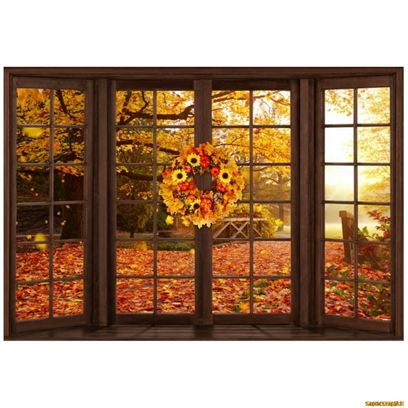 Autumn Maple Leaves Forest Window Backdrop Pumpkins Sunflower Baby Shower Family Party Photography Background r Photo Studio