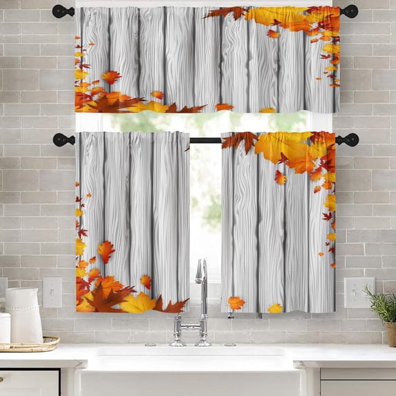 Autumn Maple Leaves Kitchen Curtains Window Curtains Valance and Tier Set, Natural Wooden Board Rod Pocket Short Tier Curtain for Room, Vintage Fall Small Cafe Kitchen Decor