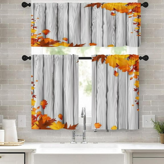Autumn Maple Leaves Kitchen Curtains Window Curtains Valance and Tier Set, Natural Wooden Board Rod Pocket Short Tier Curtain for Room, Vintage Fall Small Cafe Kitchen Decor