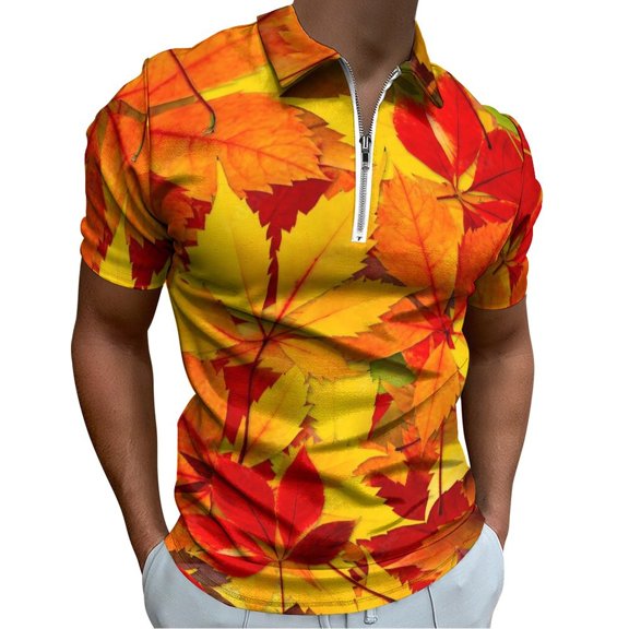 Autumn Maple Leaves Men Zipper T-shirt Summer Casual Short Sleeve T-shirt Top
