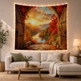 thumbnail image 1 of Autumn Maple Leaves Through Open Wooden Doors in a Serene Rustic Scenery for Home Decor Lovers, Nature Landscape Art Decor, Housewarming Gift Tapestry Wall Hanging for Bedroom and Living Room, 1 of 7