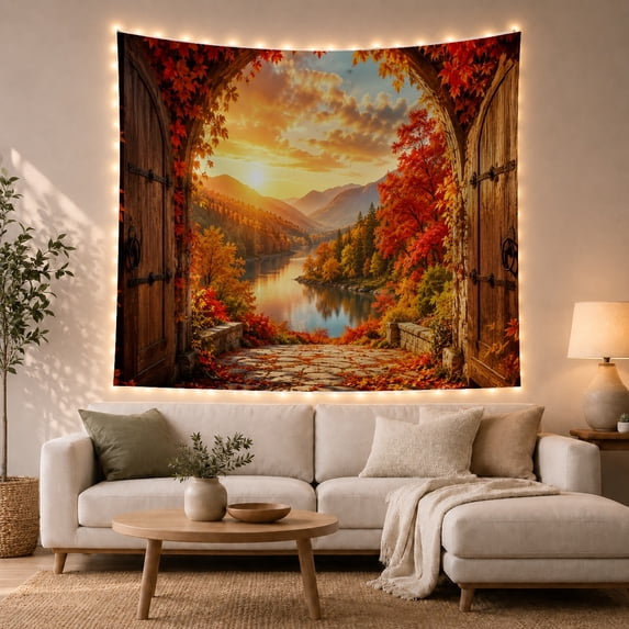 Autumn Maple Leaves Through Open Wooden Doors in a Serene Rustic Scenery for Home Decor Lovers, Nature Landscape Art Decor, Housewarming Gift Tapestry Wall Hanging for Bedroom and Living Room