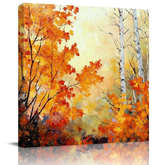 Autumn Maple Leaves Orange Gradient Canvas Artwork Painting Art, Forest Tree Square Framed Wall Decorations Prints Picture for Bedroom Kitchen Living Room, 8x8 in