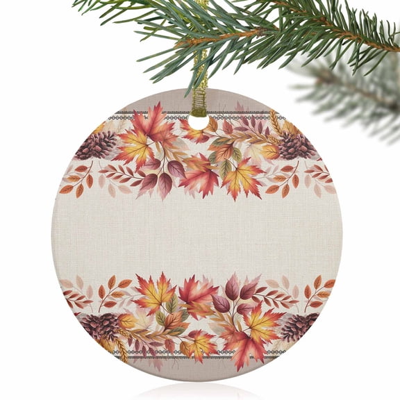 Autumn Maple Leaves Orange Watercolor Leaf Christmas Ceramic Ornament 2025,3" Round Xmas Tree Hanging Accessories with Gold Ribbon
