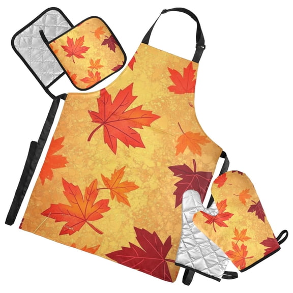 Autumn Maple Leaves Oven Mitts and Pot Holders with Chef Apron Set 5 Pcs Kitchen Cooking Set