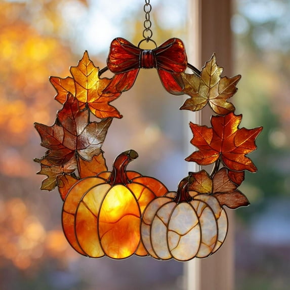 Autumn Maple Leaves & Pumpkin Acrylic Suncatcher | Fall Wreath Faux Stained Window Hanging | Thanksgiving Decor