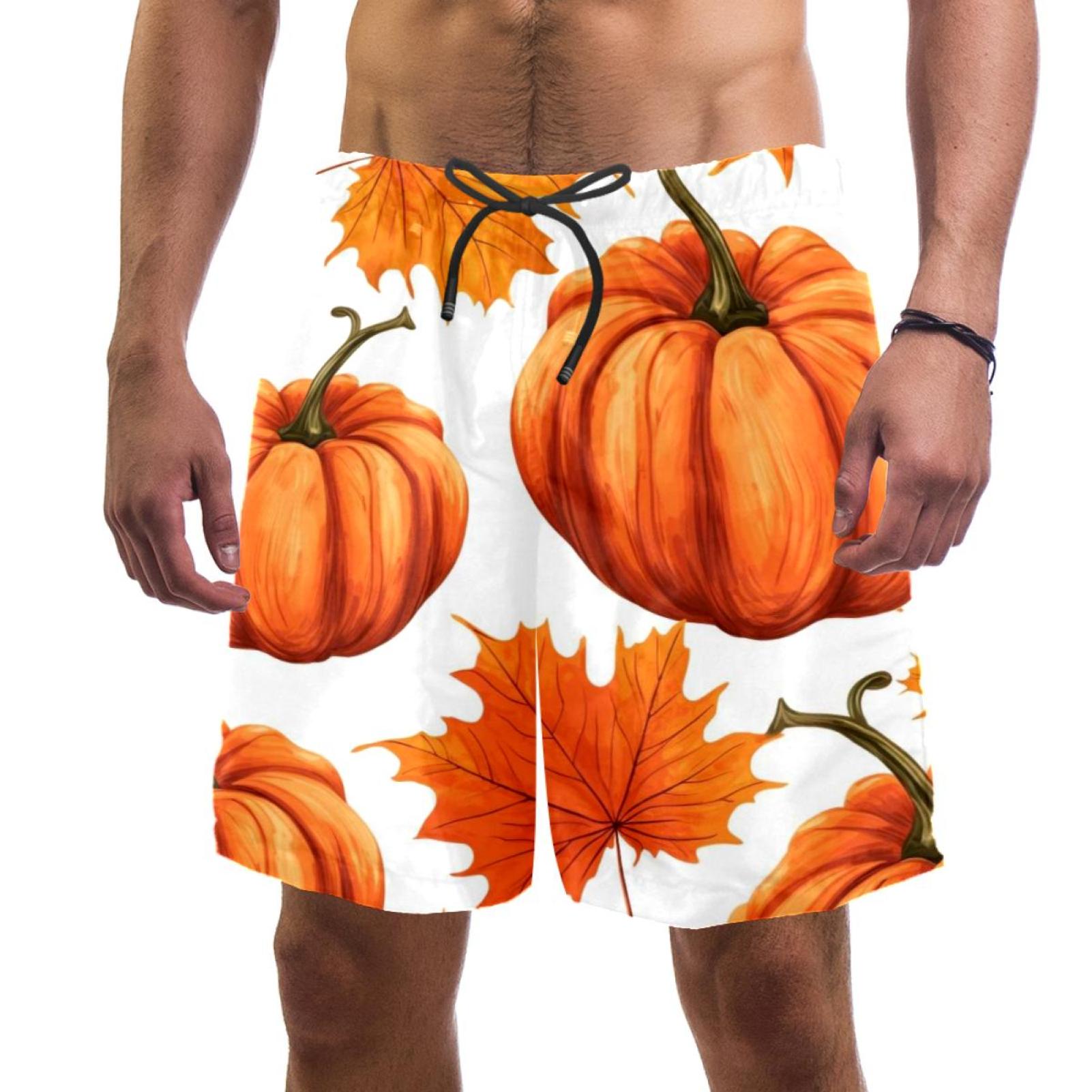 Autumn Maple Leaves Pumpkin Men Beach Shorts with Elastic, Casual
