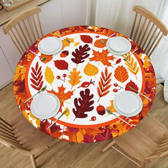 Autumn Maple Leaves Round Tablecloth Elastic Fitted Table Cover Washable Elastic Edge Tablecloths for Kitchen Dining Party Fitted Table 40-44 inch