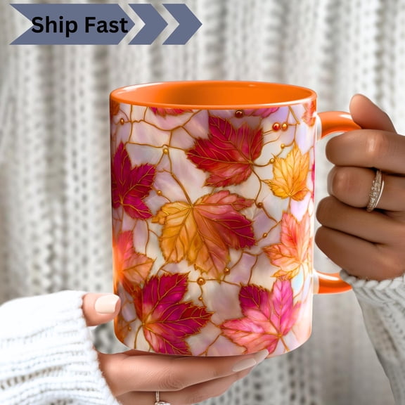 Autumn Maple Leaves Stained Glass PRINT Mug, Fall Jewel Art Coffee Cup,