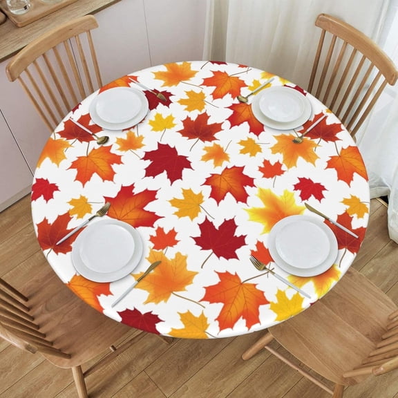 Autumn Maple Leaves Tablecloth with Elastic Edge, Round Table Cloth Thanksgiving Fall Leaf Washable Reusable Table Cover for Kitchen Dining Party Picnic, Small