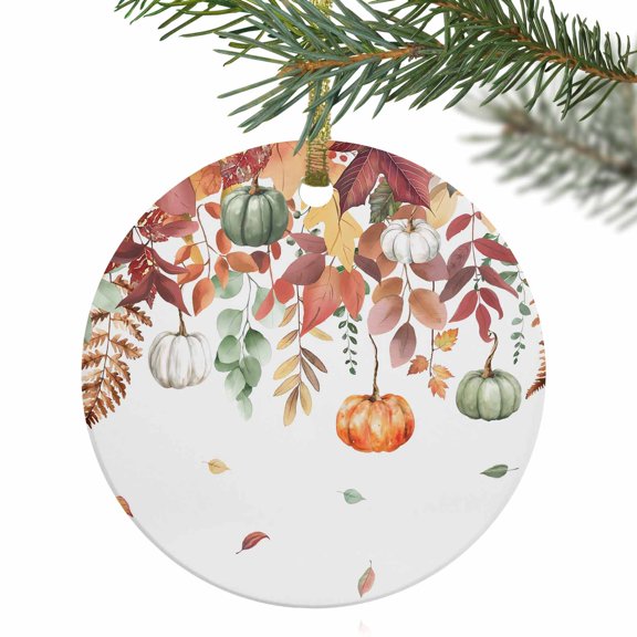 Autumn Maple Leaves Thanksgiving Pumpkins Christmas Ceramic Ornament 2025,3" Round Xmas Tree Hanging Accessories with Gold Ribbon