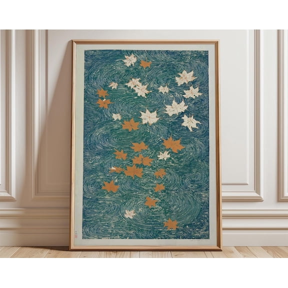 Autumn Maple Leaves Vertical River Blue Wave Wall Art Print, Unframed Paper Poster 8x10in