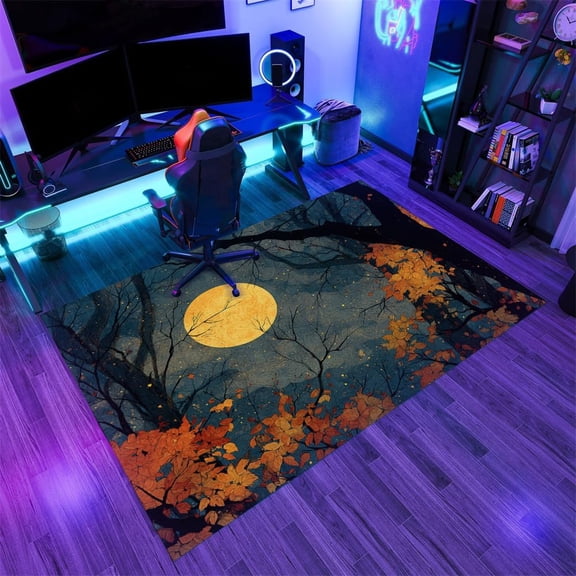 Autumn Maple Moon Area Rugs Gothic Forest Rugs Non Slip Non Shedding Print Washable Floor Carpet for Living Room Bedroom Office Study Foyer Hallway-5' x 8'
