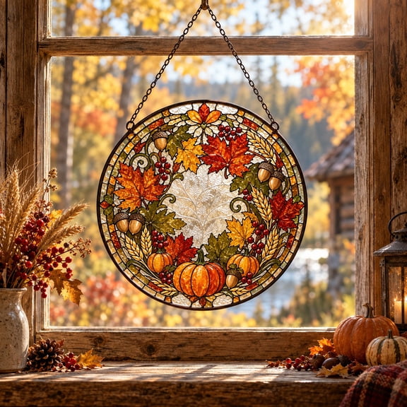 Autumn Maple Pumpkin Stained Glass Suncatcher Window Hanging for Seasonal Home Decor