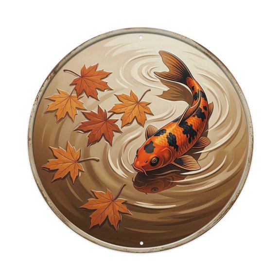 Autumn Maple Reflection Pool Koi Fish Vintage Metal Tin Sign Plaque Wall Decor for Cafe, Club, Garden Round Metal Poster 8x8Inch