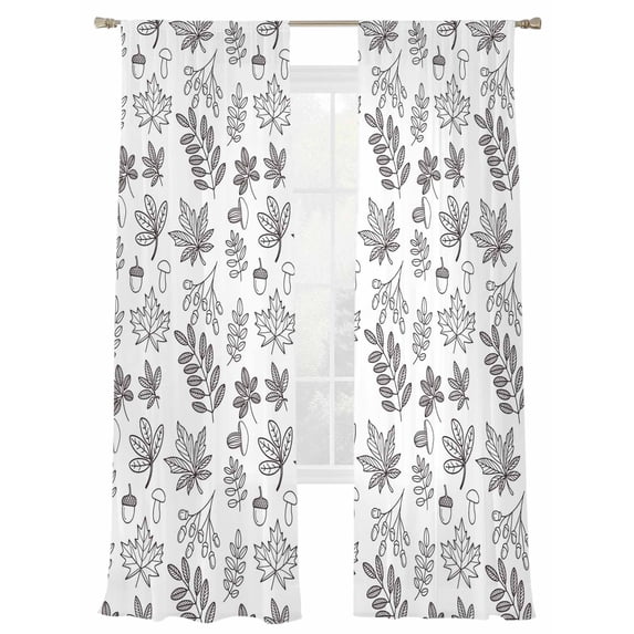 Autumn Maple Sheer Curtains 2 Panels Set Leaf Pine Cones Mushrooms Minimalist Lines Modern Sheer Window Curtains Light Filtering Rod Pocket Voile Drapes for Bedroom Living Room 52"X108"