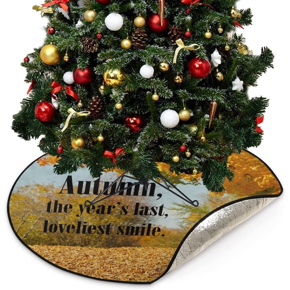 Autumn Maple Tree Christmas Tree Mats Waterproof Tree Skirt, Fall Quote Xmas Tree Stand Tray Mat Floor Protector Pad for Holiday Party Decoration, 28.3"