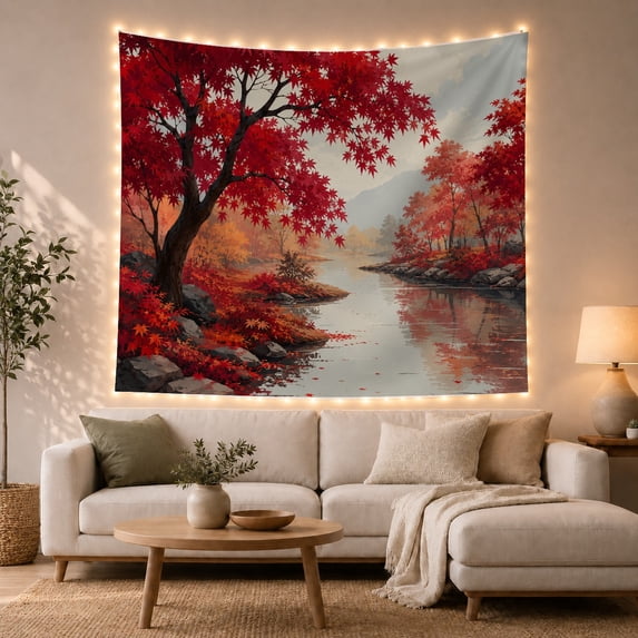 Autumn Maple Tree With Crimson Scarlet Foliage Situated, Mystical Fantasy for Space Lovers, Galaxy Room Decor, Mother's Day Gift, Tapestry Wall Hanging for Bedroom and Dorm