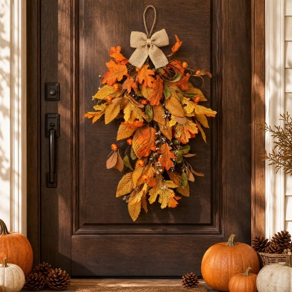 Autumn Maple Wreath Leaves Garland, Pumpkin Berry Door Hanging Fall Door Wreath, Thanksgiving Festive Halloween Mantel Decor for Accent