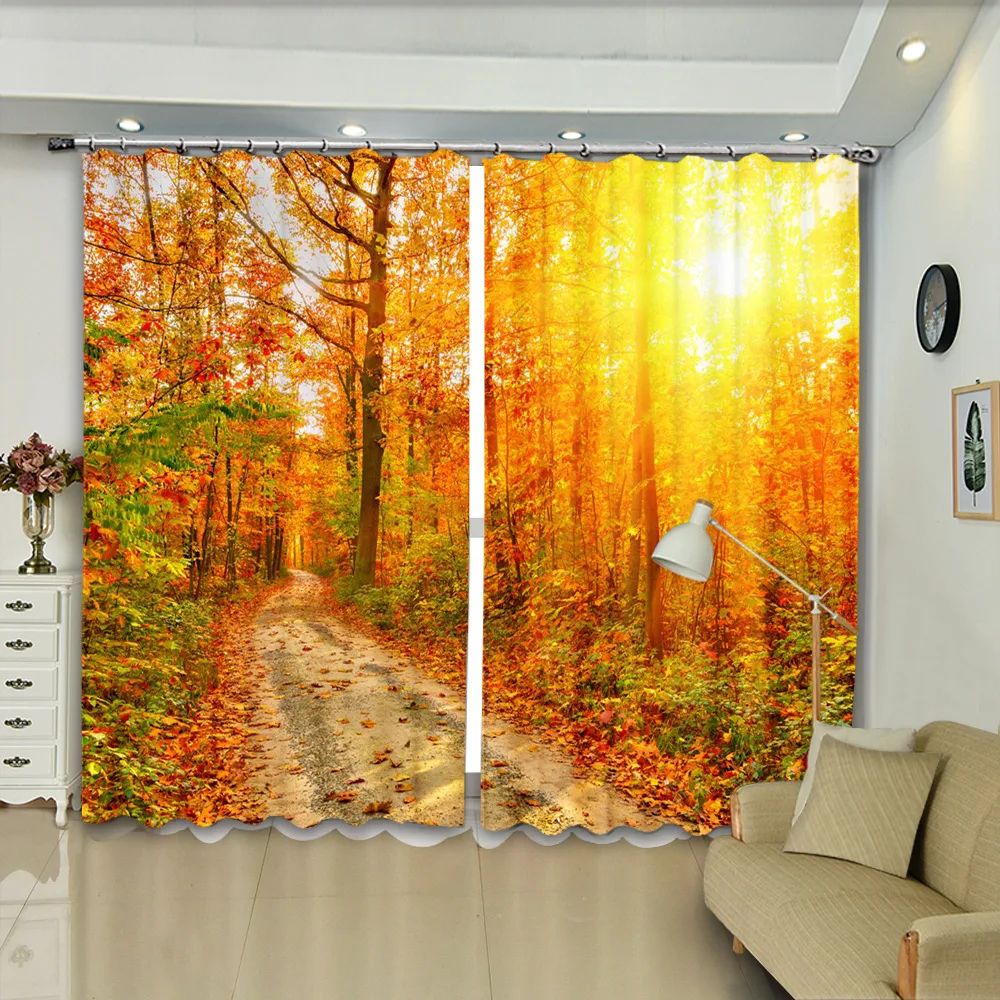 Autumn Maple and Leaf Print Curtain 2 Pieces for Bedroom Living Room
