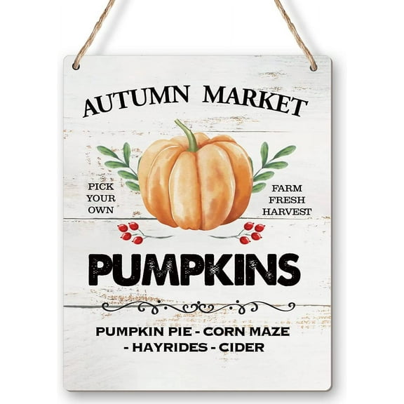 Autumn Market Pumpkins Wood Sign Wall Art Rustic Fall Pumpkin Wooden Hanging Sign for Thanksgiving Farmhouse Home Kitchen Door Wall Decor 8x10 Inch