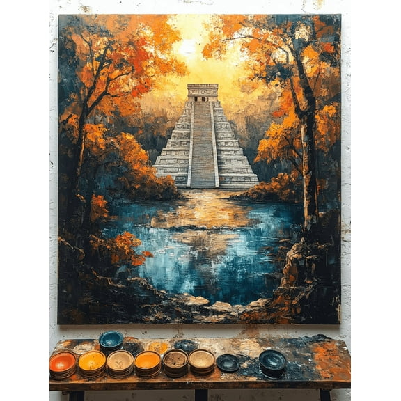 Autumn Mayan Pyramid Landscape Canvas Wall ArtPerfect for Living Room Bedroom Office Hotel and Dining Room Decoration.