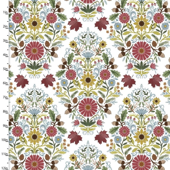 Autumn Meadow Damask Flowers White Cotton Fabric