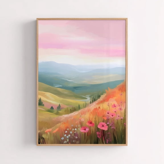 Autumn Meadow Landscape Art: Floral Hill Scenery, Stretched Canvas Size 8x12