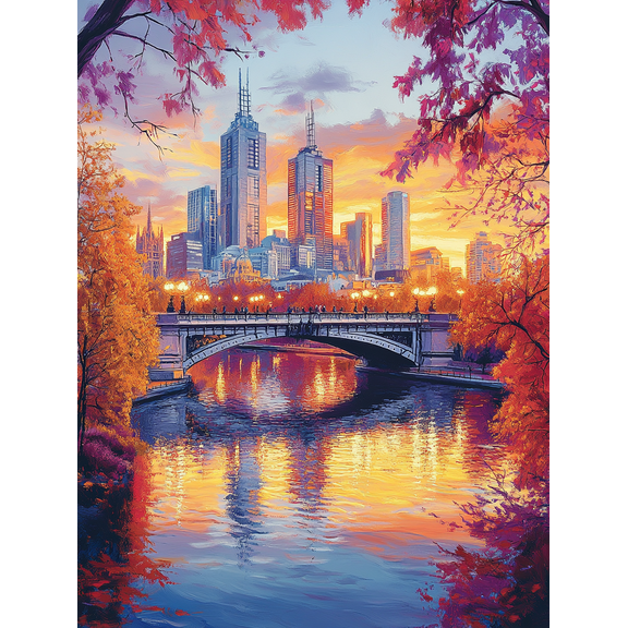 Autumn Melbourne Cityscape Canvas Painting Suitable for Living Room Bedroom Office Hotel Lobby and Gallery Wall Decor.