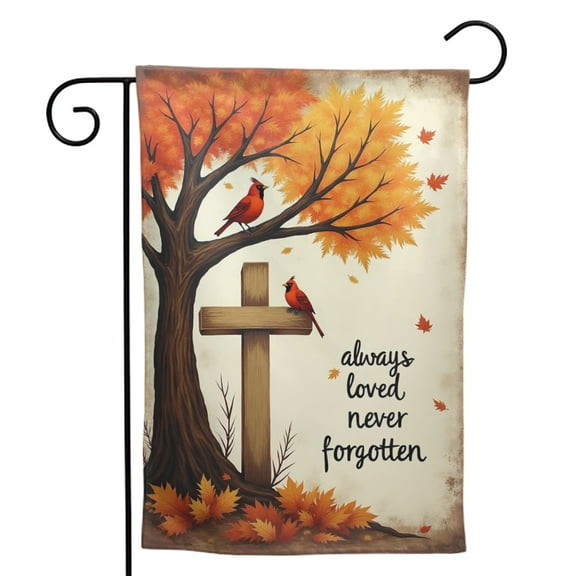 Autumn Memorial Garden Flag with Cardinals and Cross Double Sided Polyester Outdoor Decor for Yard Grave 12x18 Inch Always Loved Never Forgotten Fall Theme Seasonal Decoration