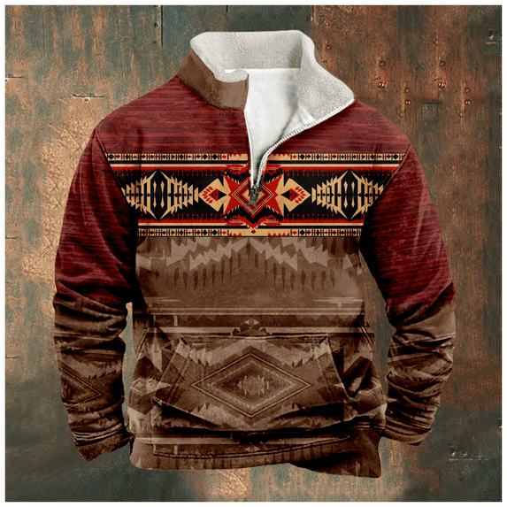 Autumn Men Pullover Sweatshirts Zip Up Fleeced Long Sleeve Patchwork Hoodies Vintage Bohemian Tribal Graphics Oversized Tops