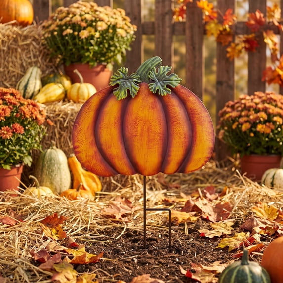 Autumn Metal Iron Pumpkin Yard Stake Decor, Fall Ground Insert Garden Lawn Ornament, Orange Pumpkin Art Stake for Thanksgiving Backyard Patio Outdoor Harvest Decoration