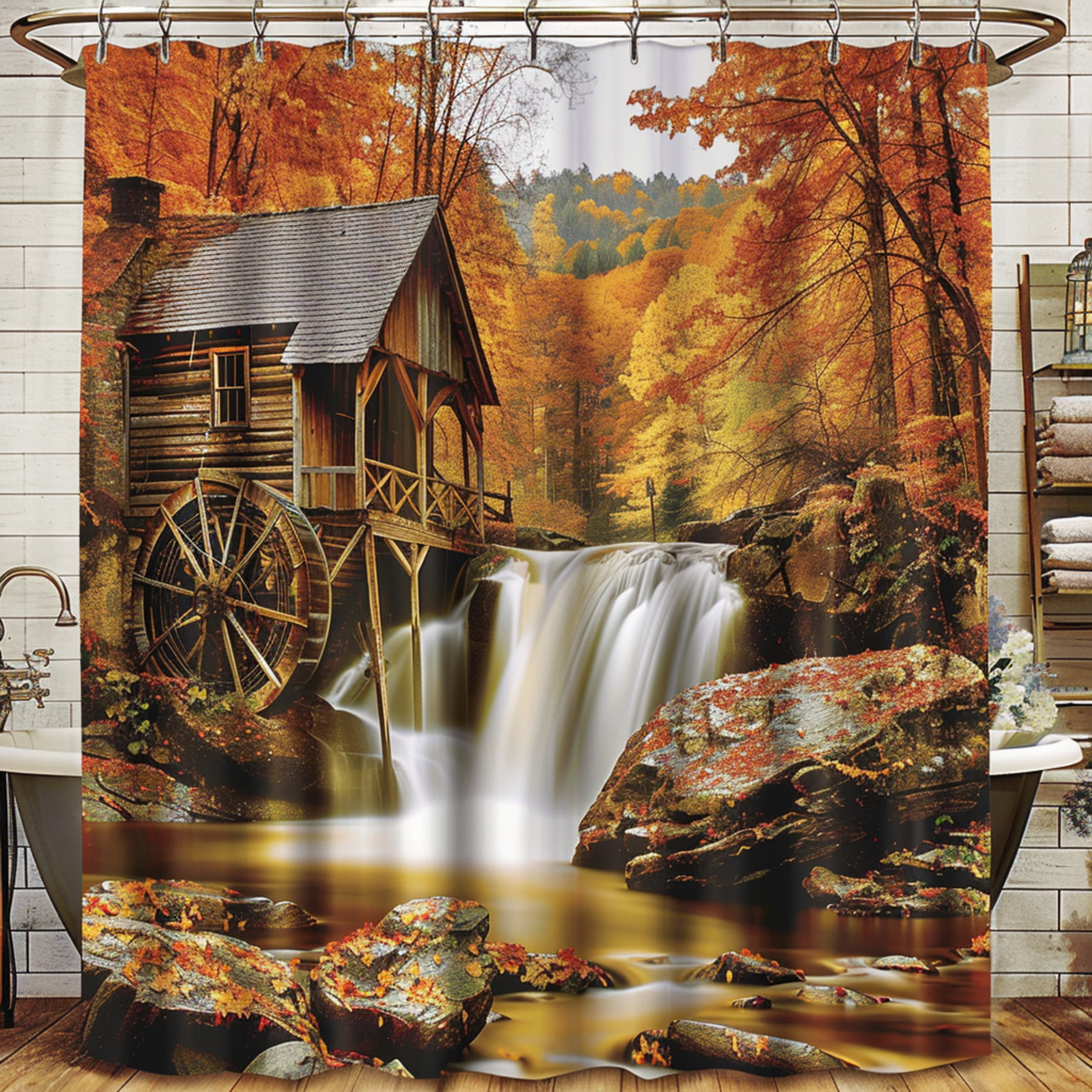 Autumn Mill River Shower Curtain Rustic Farmhouse Bathroom Decor Fall