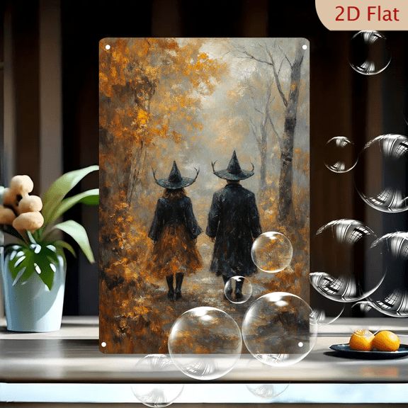 Autumn Misty Forest Witch Art 8x12 Inches Metal Wall Decor, Two Figures in Pointed Horn Hats Walking Through Vibrant Fall Trees, Dreamlike Oil Painting Style for Home Office Living Room