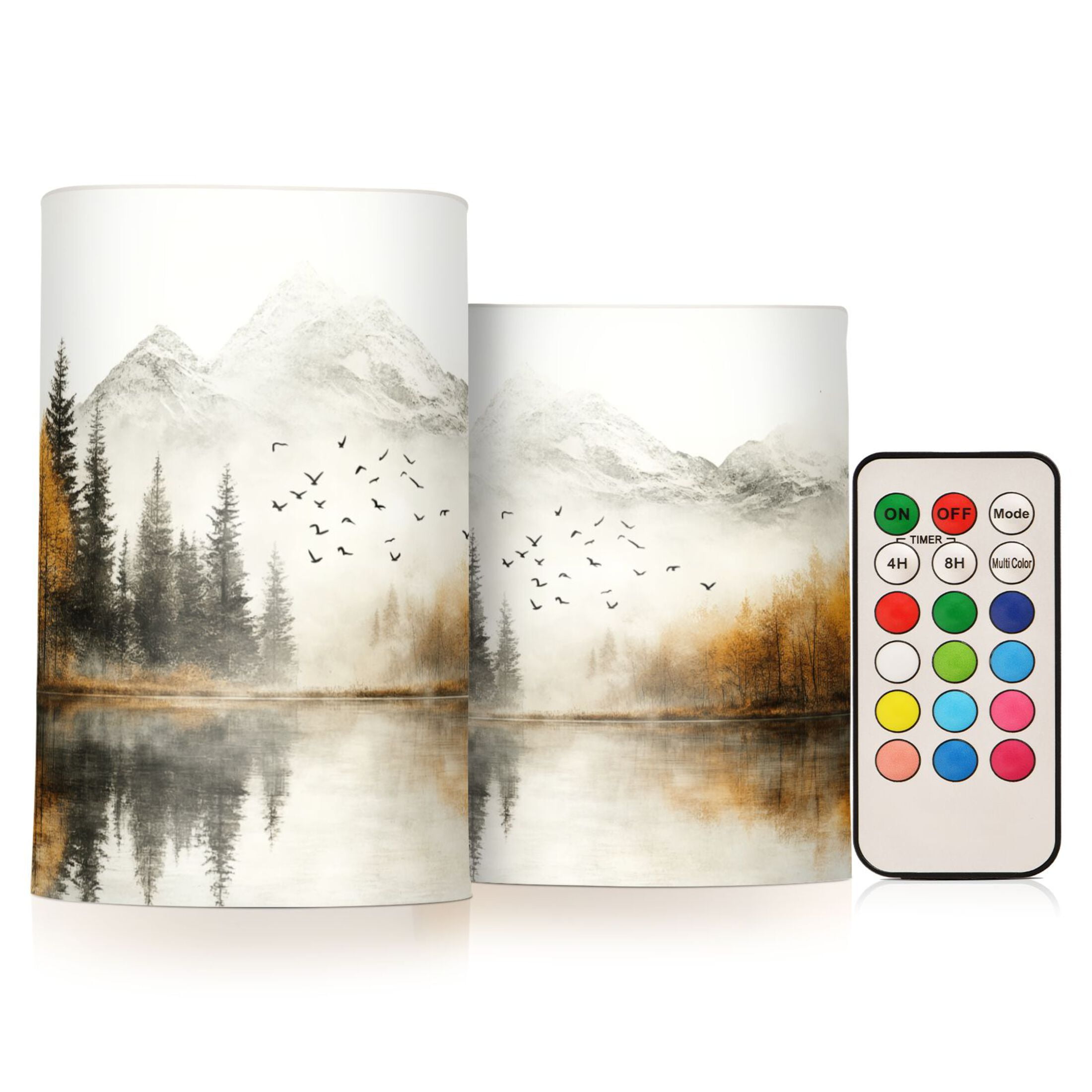 Autumn Misty Mountains Flickering Flameless LED Candles set of 2 Battery Operated 18-Key Remotes Timer Halloween Fall Decor D3''xH4''5''