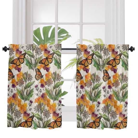 Autumn Monarch Butterflies Bathroom Window Curtain, Wildflowers Botanical Foliage Light Filtering Coffee Kitchen Curtains, Bedroom Living Room Curtains 2 Panel 84"x45"