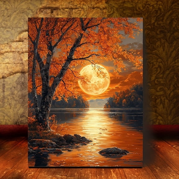 Autumn Moon Lake Reflection Wall Art Print, Fall Forest Landscape Decor