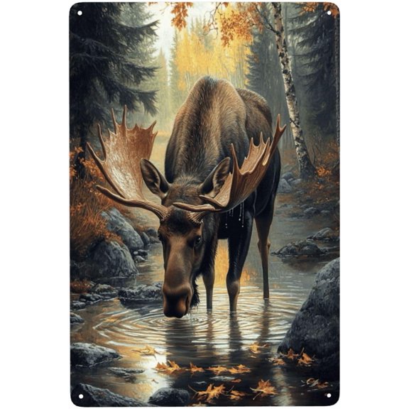 Autumn Moose Metal Tin SignLarge Antlered Moose, Forests Stream & Fall FoliageWall Art For Wildlife Home Decor, Easy To Hang Aluminum PostersGift To Relatives And Friends 6x8 Inch