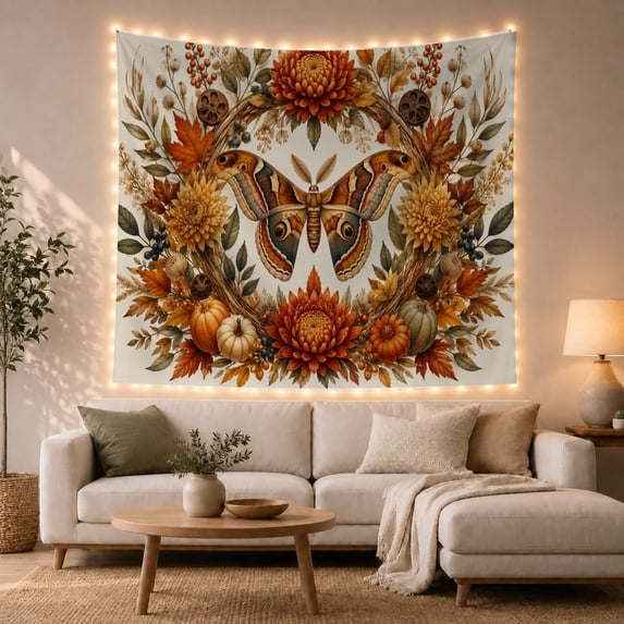 Autumn Moth With Pumpkins and Chrysanthemums, Warm Vintage Illustration for Moth Lovers, Harvest Wall Art, Thanksgiving Hostess Gift, Tapestry Wall Hanging for Bedroom and Dorm