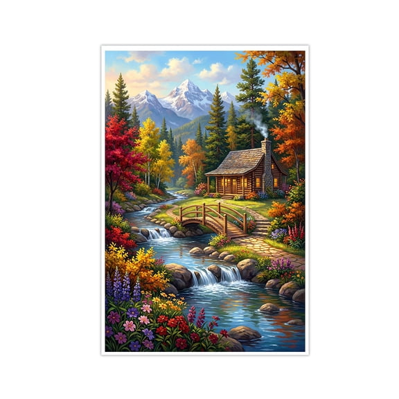 Autumn Mountain Cabin Canvas Wall Art, Rustic Forest Stream Landscape Painting, Framed Ready to Hang for Living Room Bedroom Home Decor 📝 Product Detailed Description