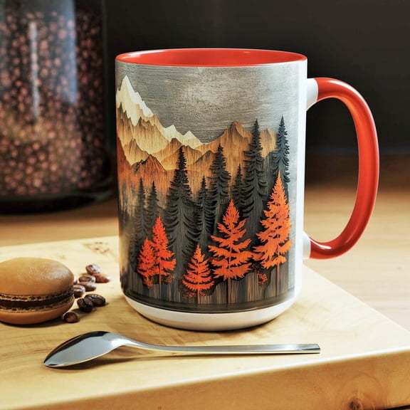 Autumn Mountain Forest Mug: Rustic Wood Panel Design, Ceramic